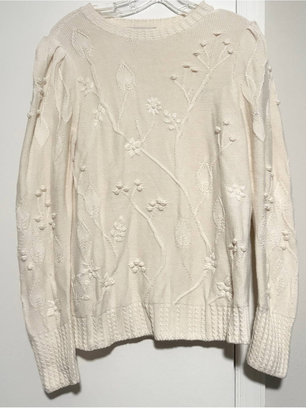 LOFT Cream Floral Embroidered textured Crewneck Sweater